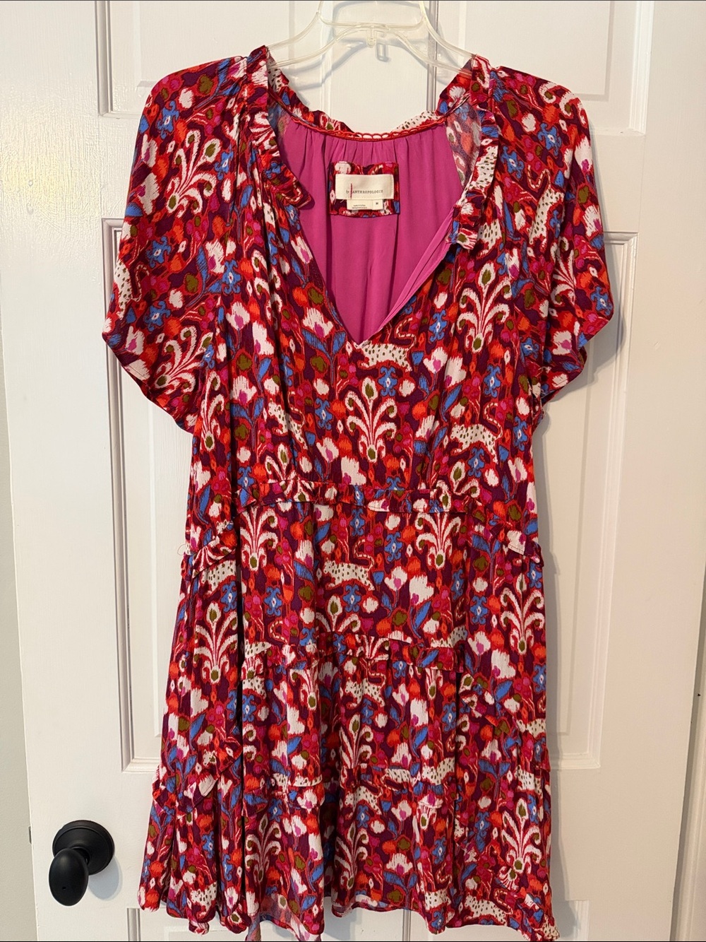 Anthropologie Red & Pink Multicolor Floral Tiered V-Neck Dress